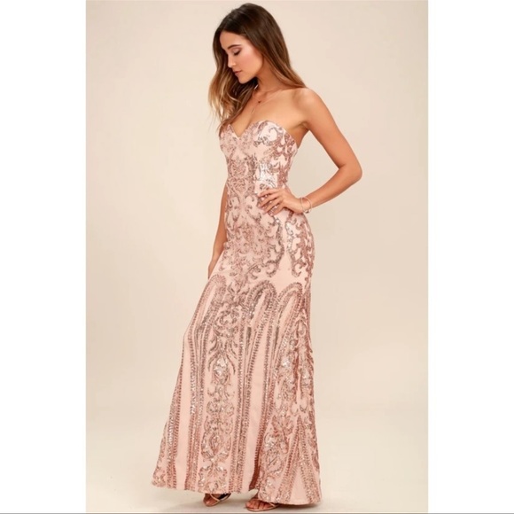 Bariano Rebecca Rose Gold Strapless Sequin Maxi Dress - Picture 2 of 10